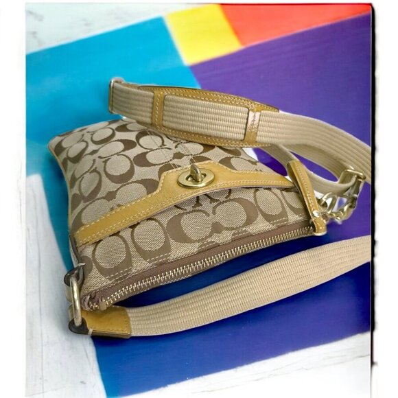 COACH Signature Canvas small crossbody bag in tan with turnlock - Picture 2 of 9